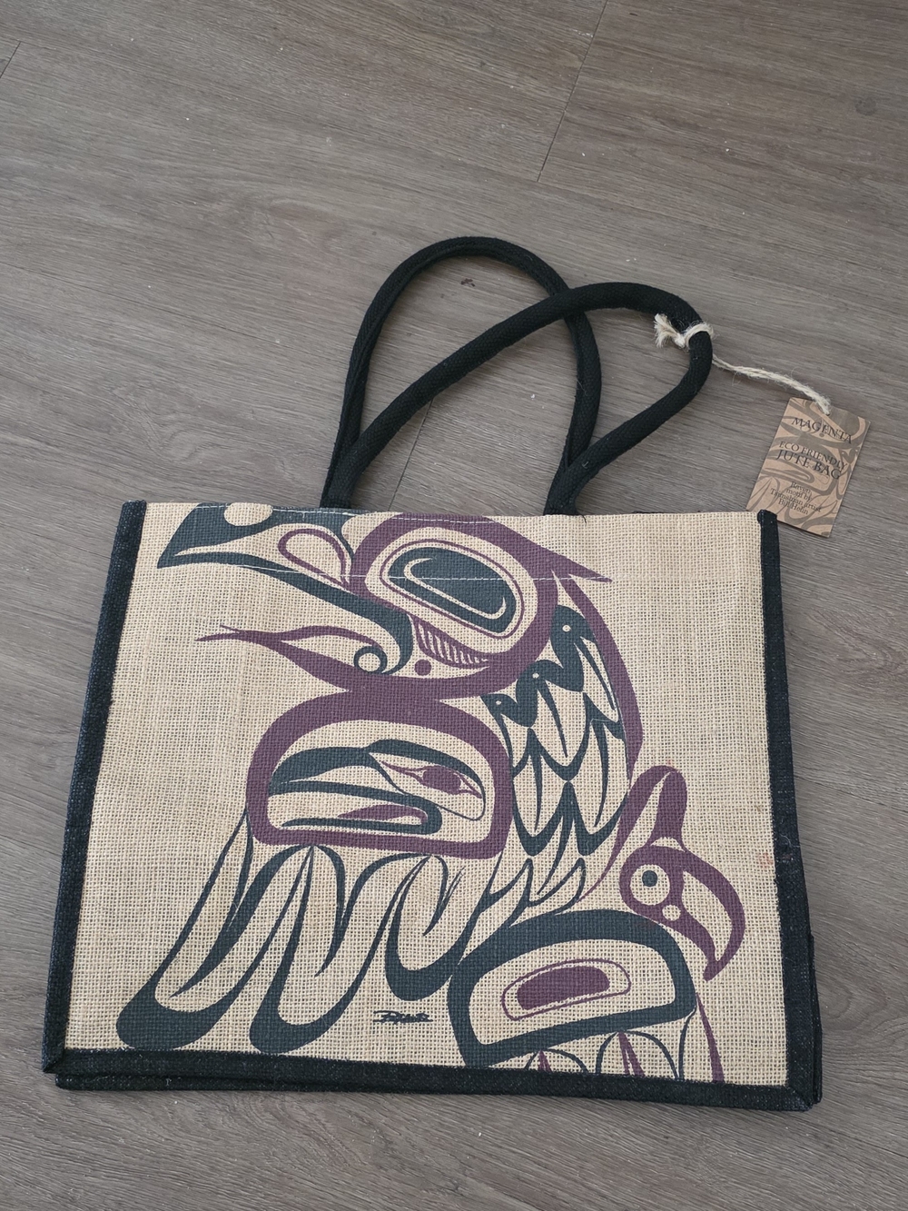 Magenta Eco-Friendly Jute Bag with Raven Motif - Brown & Black